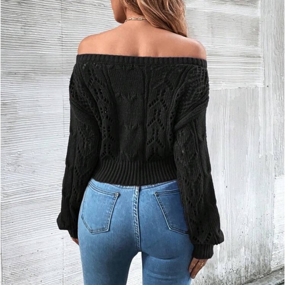 Luxe Sheer Crochet Knit Drop Shoulder Cropped Sweater Top Black - Picture 3 of 16